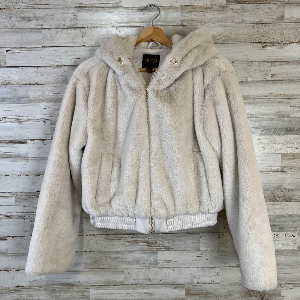 Truth by Republic Bomber Jacket Women XS Cream Hooded Plush Faux Fur & Leather